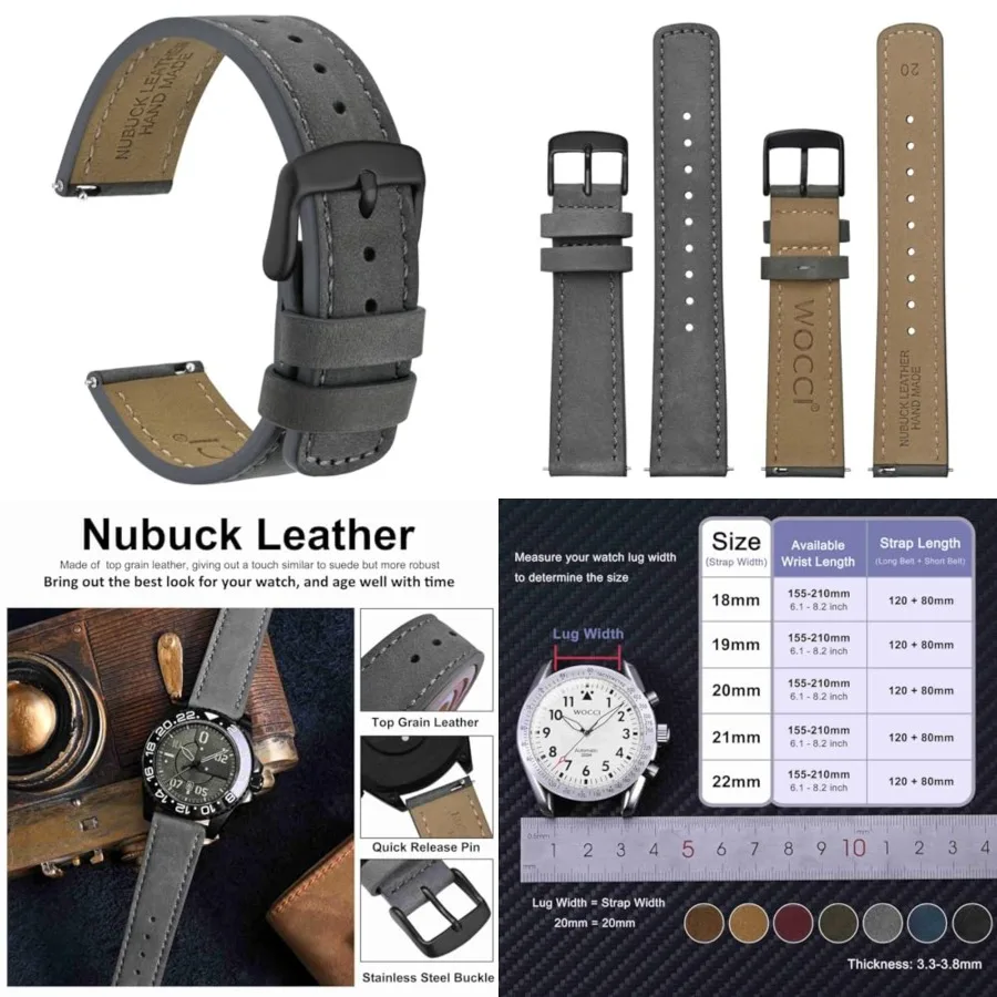 WOCCI Retro Leather Watch Band for Men and Women, Quick Release Replacement Strap with Black Buckle Grey