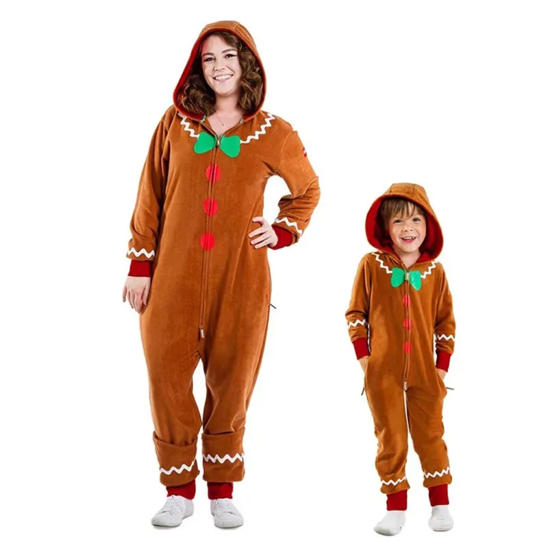 

Christmas Gingerbread Man Cos Clothing Parent-child Flannel One-piece Suit Holiday Party Costume