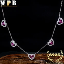 Genuine S925 Sterling Silver Necklace  5-Color Heart Pendants & Cubic Zirconia Luxury Jewelry Elegant Anniversary Gift for Women