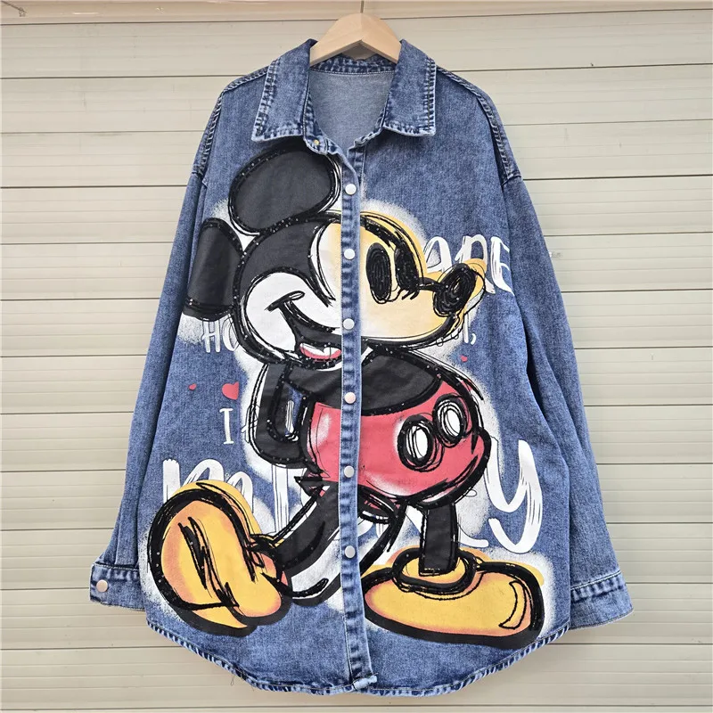 

Европейский импорт, женская джинсовая рубашка на осень-зиму 2025 года, новая сверхпрочная джинсовая рубашка с мультяшным узором и буквенным принтом, свободный модный стильный топ