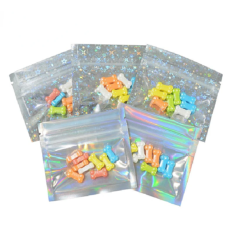 

100PCS/500PCS/1000PCS Clear Front Hologram Ziplock Packaging Pouches Resealable Coffee Tea Powder Trinkets Snack Xmas Gift Bags