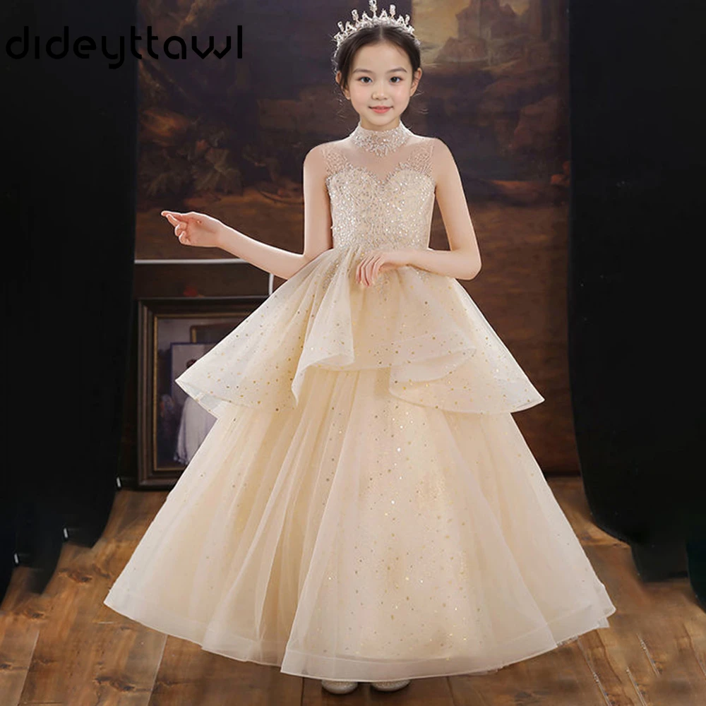 Customized Girls High Neck Sheer Mesh Sleeveless Sequin Beaded Bodice Layered Tulle Skirt Heart Cutout Back Floor