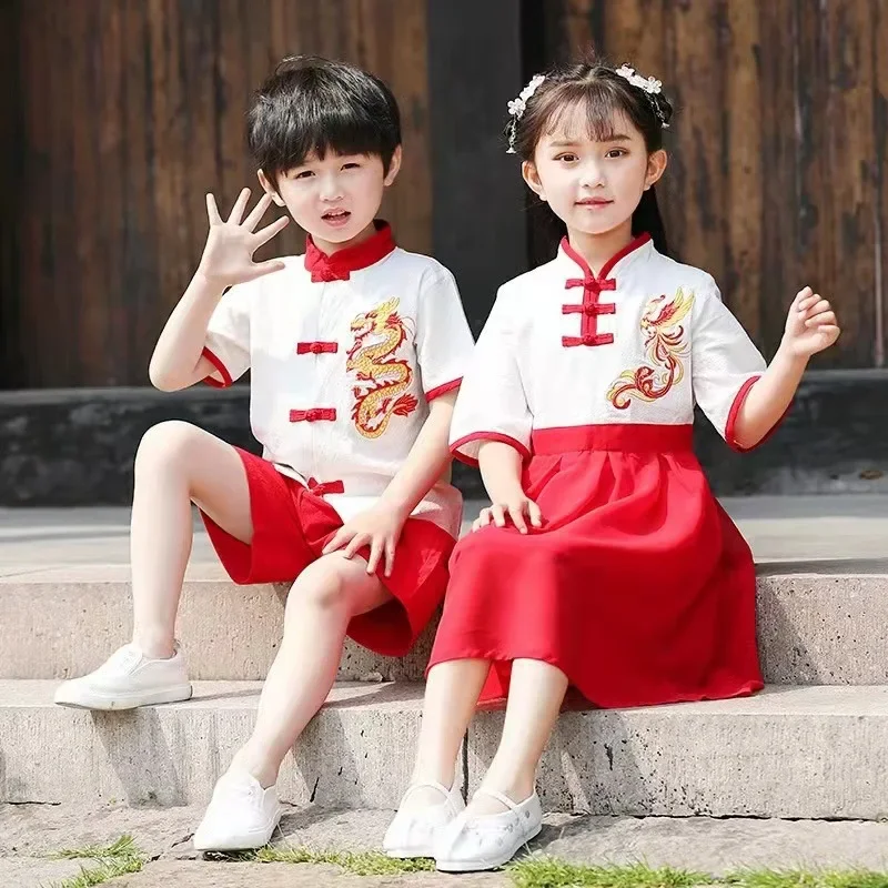 

Children Summer New Embroidery Dragon Hanfu Girl And Boy Chinese Style Vintage Button Qipao Dress Performance Role Play Skirt