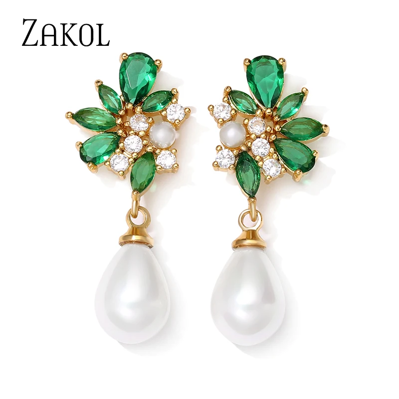 ZAKOL Fashion Green Cubic Zirconia Leaf Earrings for Women Elegant Imitation Pearl Girls Ear Party Wedding Jewelry Accessories