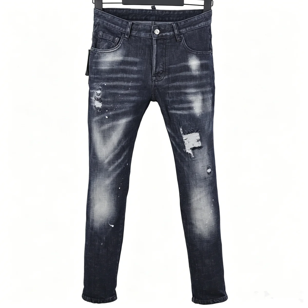 

6030 Four Seasons New Men's Wash and Grind Hole Patch Paint Three-dimensional Cut Leg Black Jeans