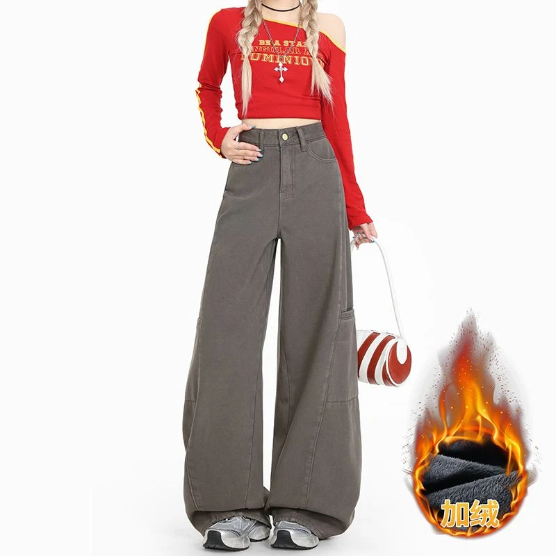 

ZHISILAO новые брюки-карго женские винтажные повседневные толстые теплые зимние широкие прямые джинсы 2025 уличная одежда