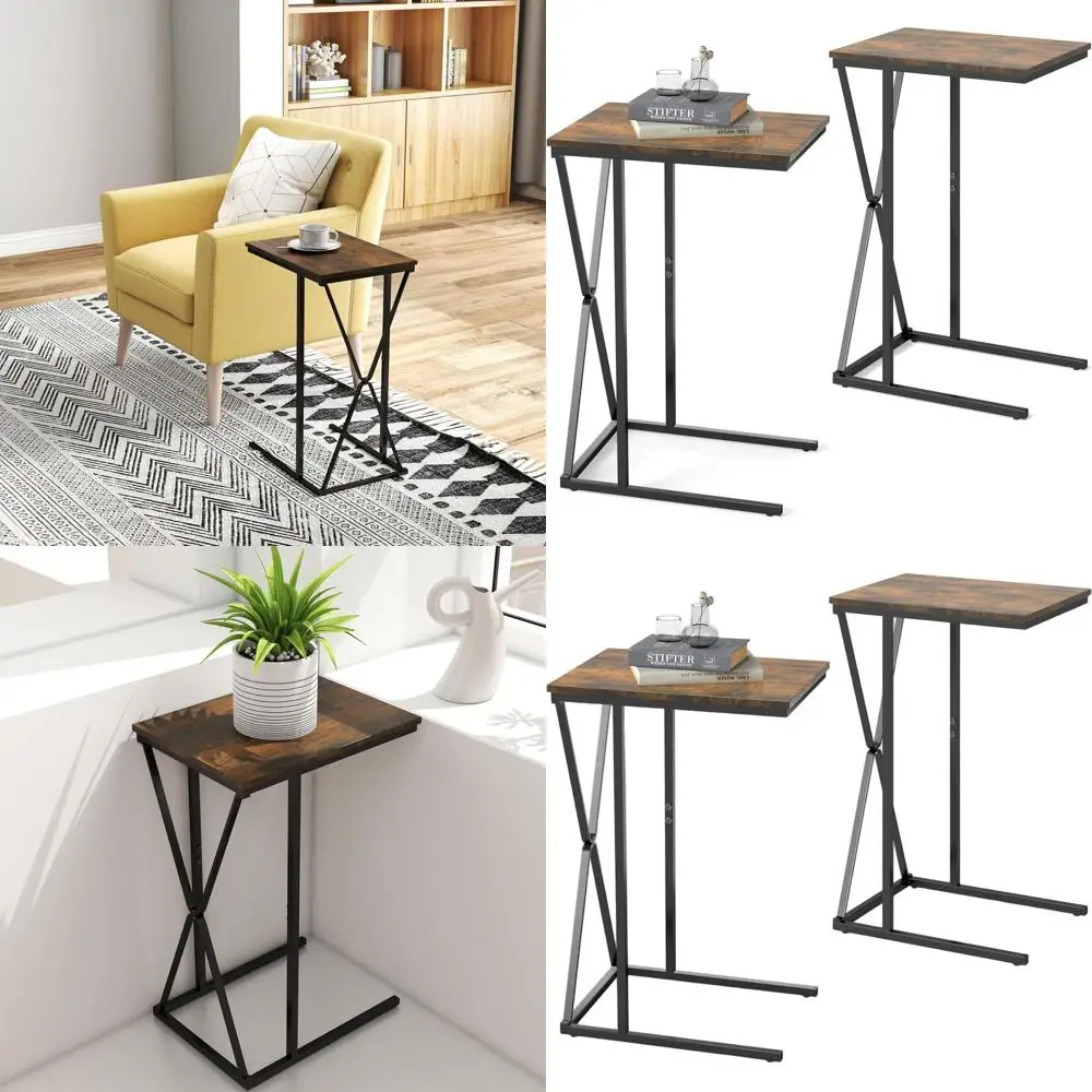 

Rustic Brown TV Trays, Set of 2, C-Shaped Couch Side Tables, Space-Saving for Living Room and Bedroom