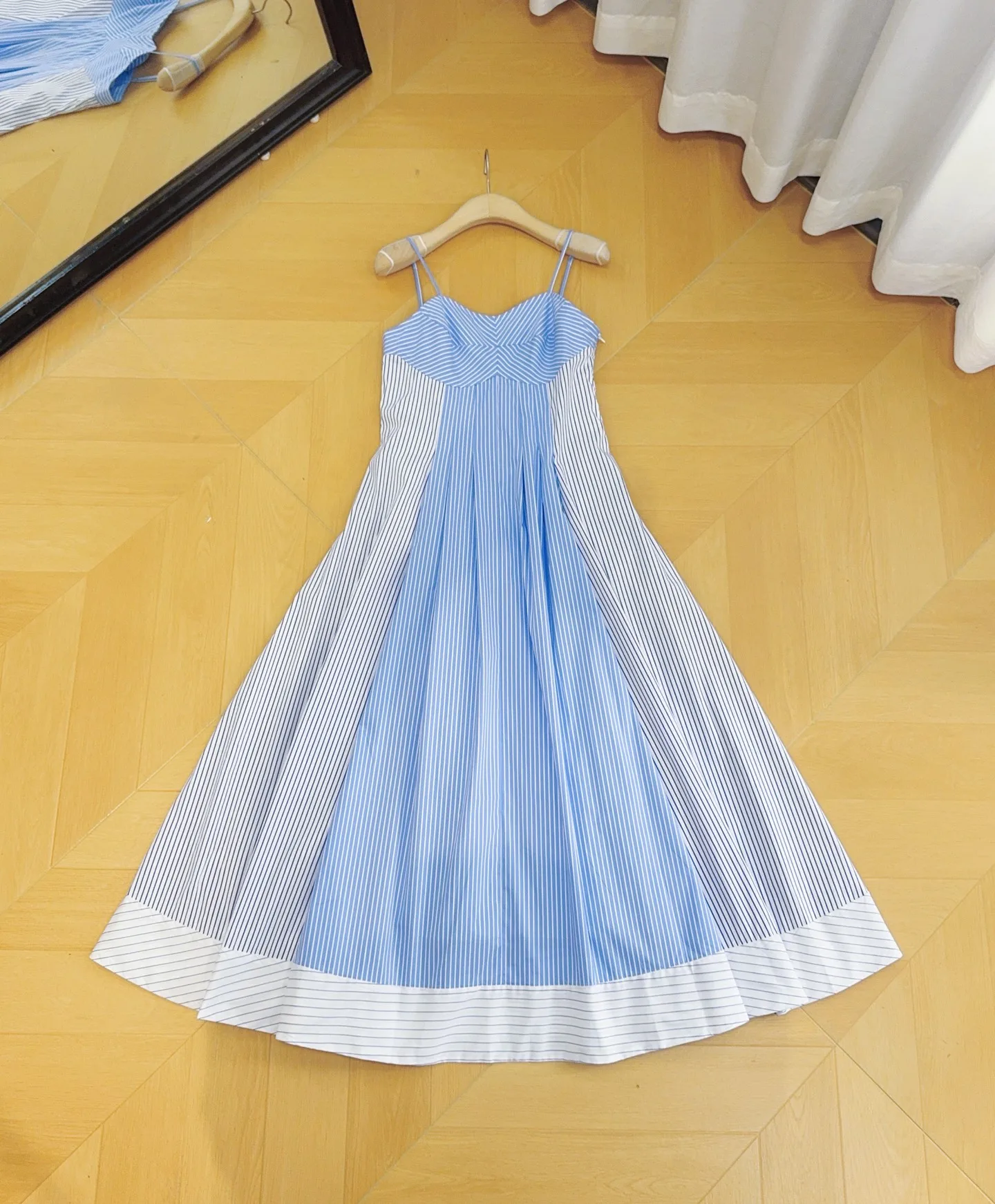 2026 Summer New Product: Blue and White Striped Spliced Strap Dress