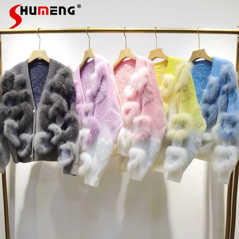 2024 Autumn Winter New Long Sleeve Chic Fox Fur Knitting Gradient Color Fashion Short Sweater Jacket Knitted Cardigan Design Top