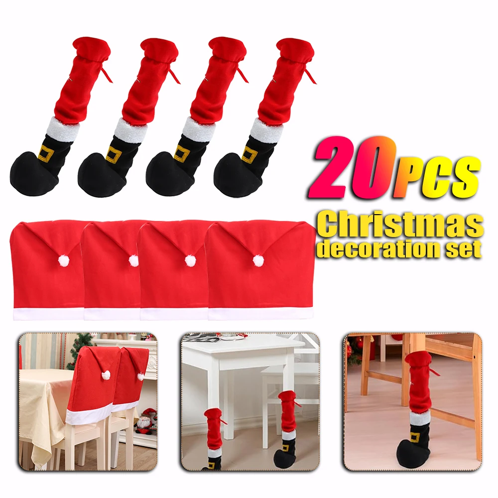 1-20PCS Santa Hat Chair Cover And Chair Leg Covers Sleeves for Celebrating the Christmas Holiday Season Decoration