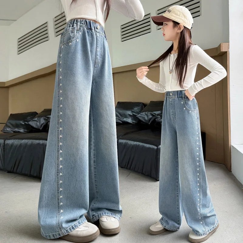 Children Straight Jeans with Side Heart Embroidery Teenagers Girls Wide Leg Denim Pants Kids Spring Autumn Casual Trousers