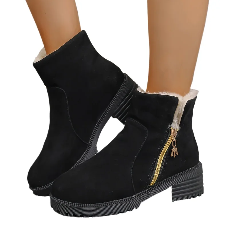 

2026 Новые зимние хлопковые ботинки на квадратном каблуке, модные теплые зимние ботинки с круглым носком и замшевой подкладкой, повседневные ботинки на платформе с боковой молнией 40 s