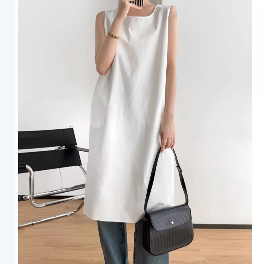 

Summer Cotton Dresses Skin Friendly Silhouette Slimming Sleeveless White Loose Dress