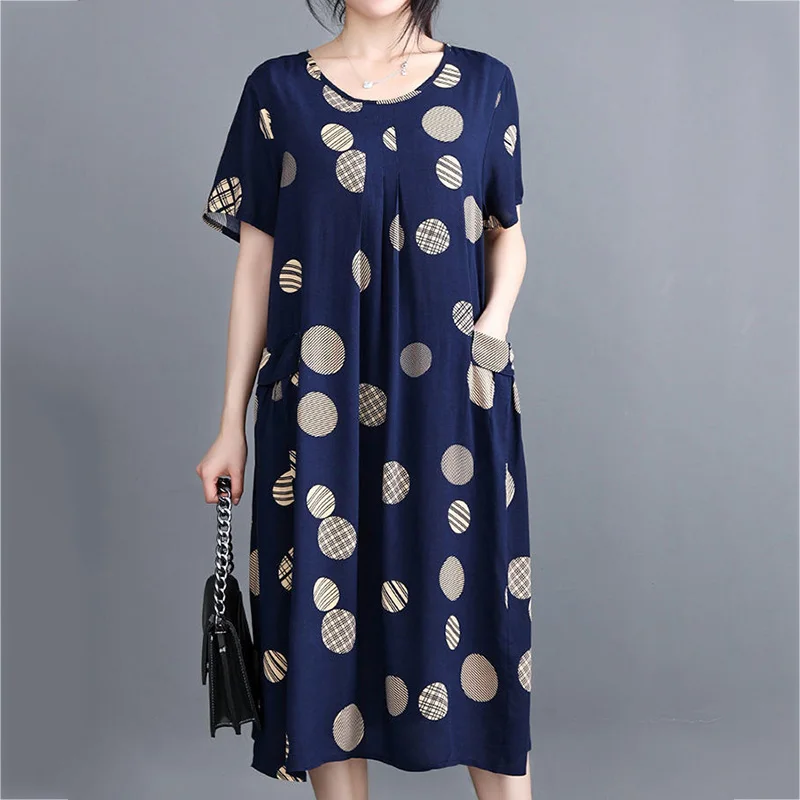 

Korean Round Neck Loose A-line Dress Summer Women's Clothing Multi-element Printing Short Sleeve Patchwork Pockets Midi Dresses