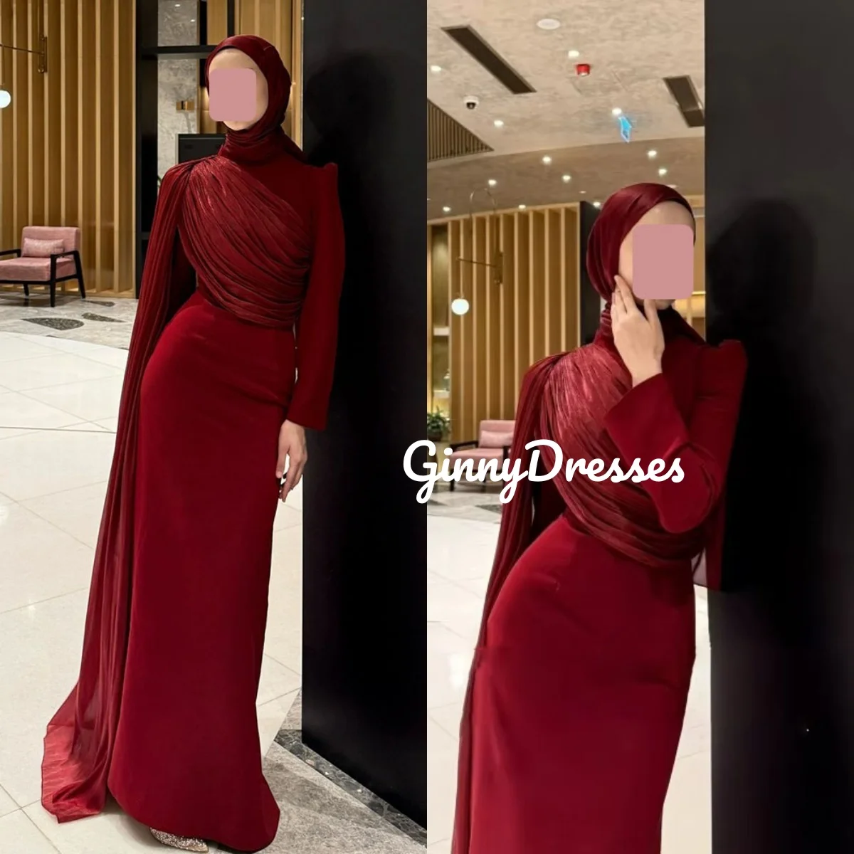 

Красное вечернее платье на заказ с длинными рукавами, длиной в пол, на молнии, с рюшами, для особых мероприятий, с вырезом-лодочкой, фасон «колонна»