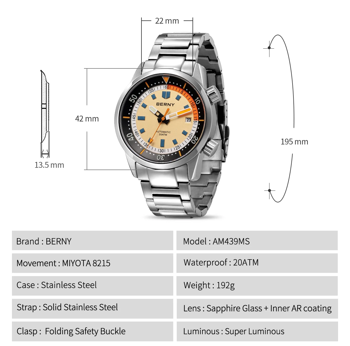 BERNY Automatische Taucheruhren für Herren, 20 ATM, superleuchtende mechanische Herren-Taucheruhr, Saphirglas, komplett aus Edelstahl – Detail 12