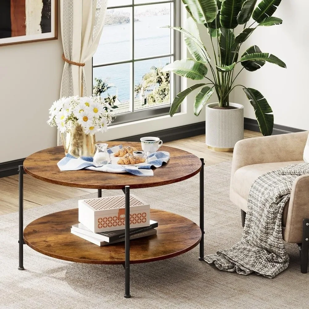 Round Coffee Table,  Small Coffee Table with Open Storage Shelf, Industrial Circle Wood Center Table for Living Room