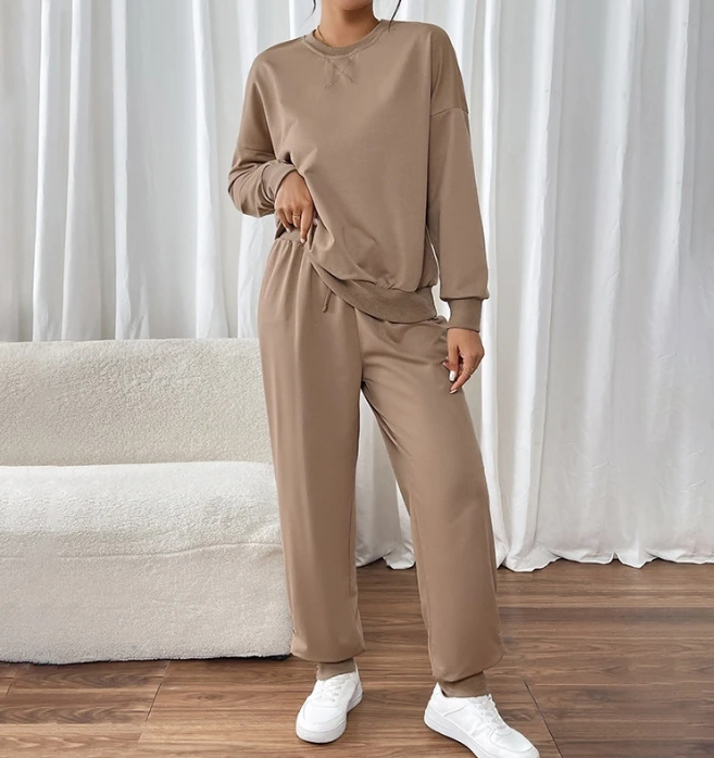 

Athleisure sets for women 2 pieces Solid color O-neck casual pullover top high waisted loose pants set high quality pants set