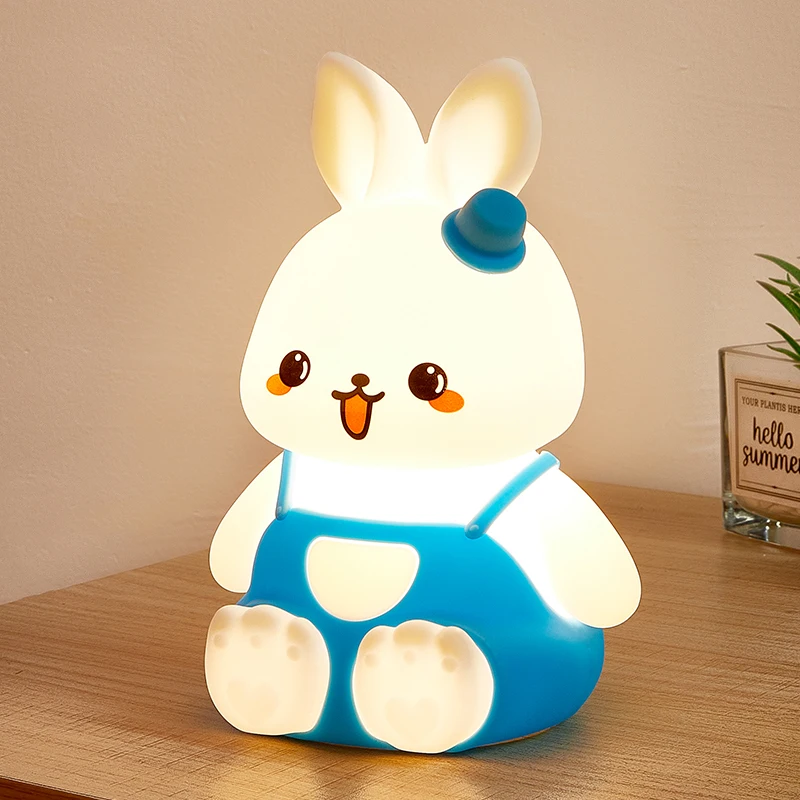Blue Cute Rabbit Soft Rubber Night Light, Touch Control Color Changing LED Lamp, USB Rechargeable Eye Caring Soft Glow, Cartoon