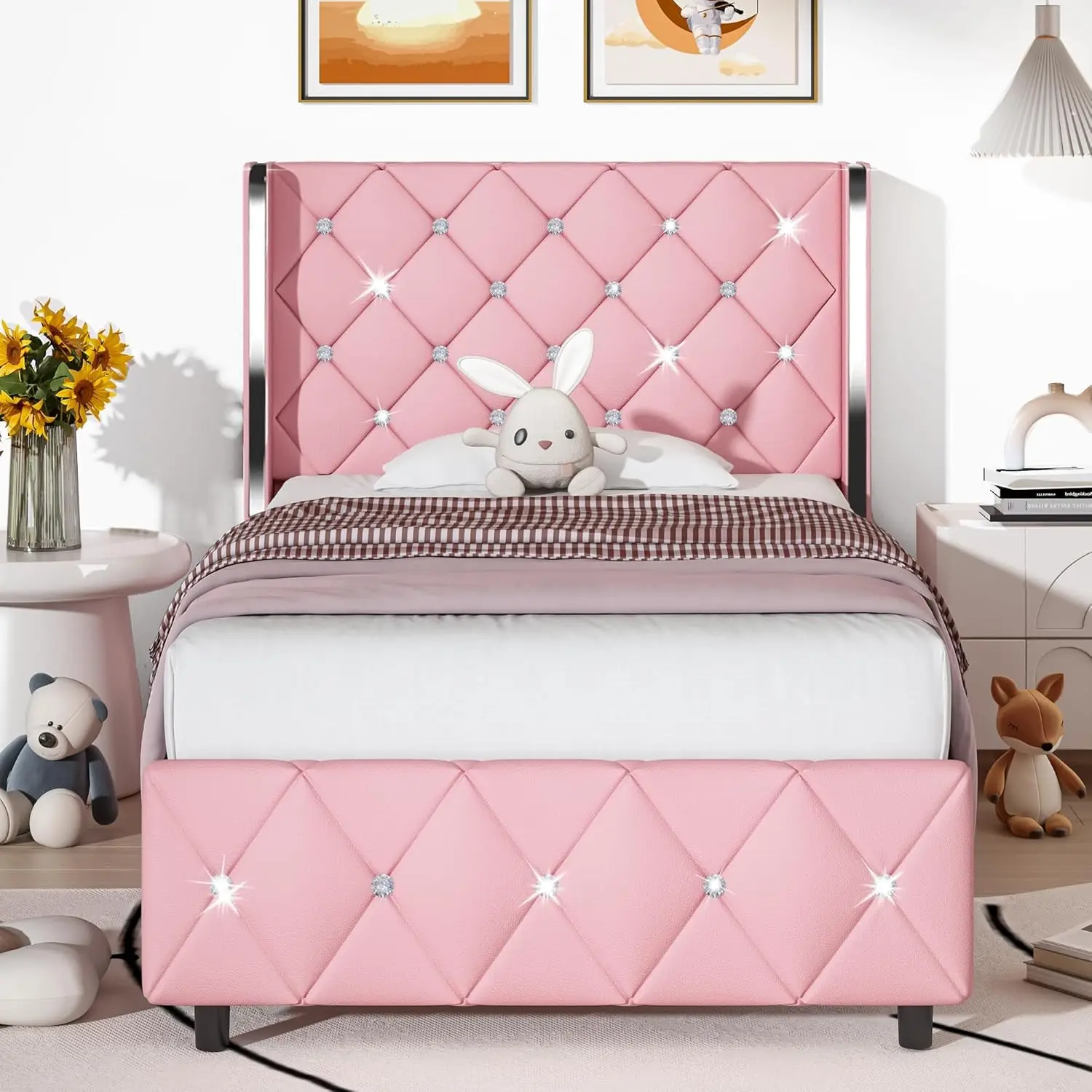 Twin Size Bed Frame, Upholstered Bed Frame with Diamond Tufted Headboard, Twin Bed Frames for Girls, Cute Princess Bed, F