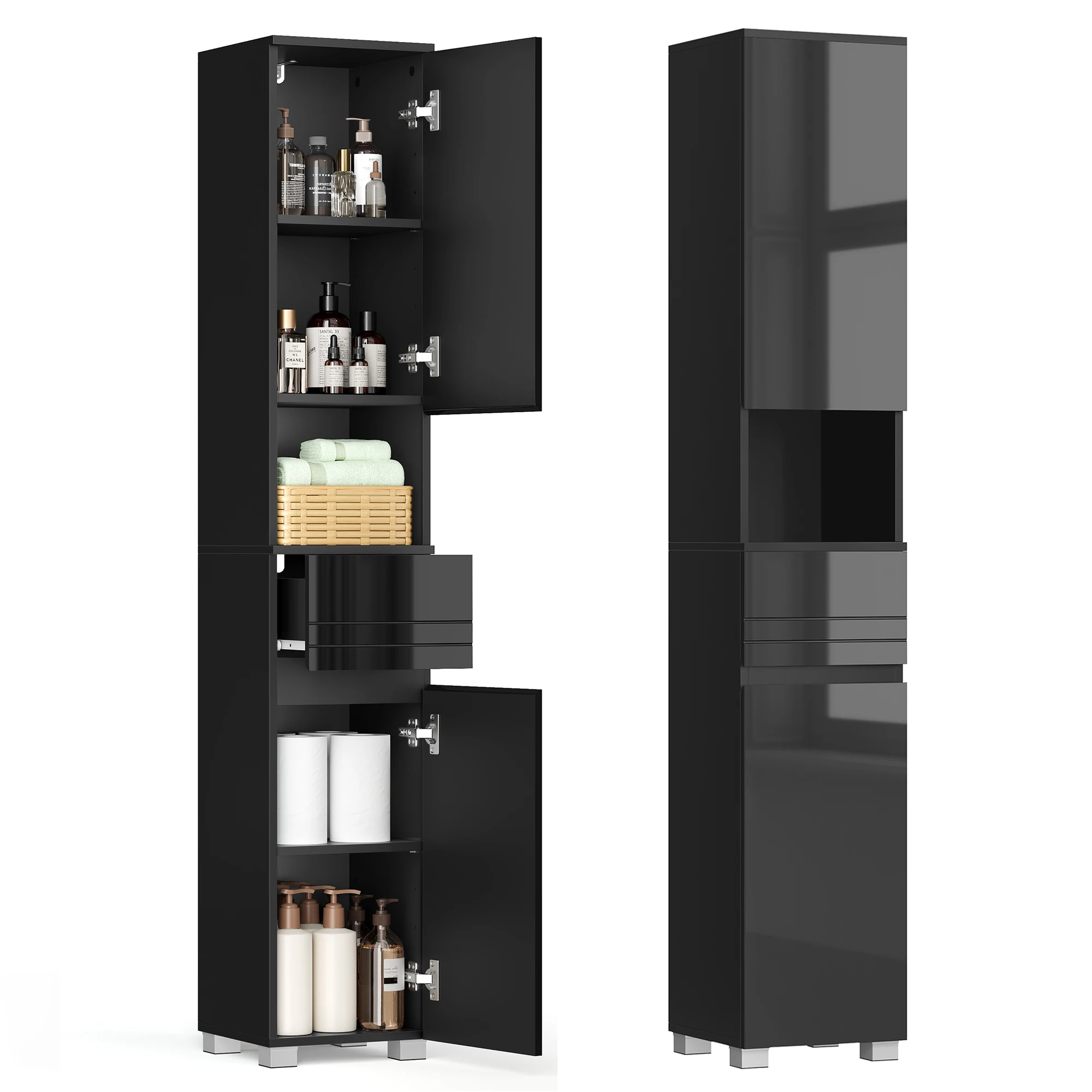 VASAGLE Badezimmerschrank, Badschrank, Badezimmermöbel mit einer Schublade, verstellbare Ablagen, offenes Fach, 30 x 30 x 170 cm