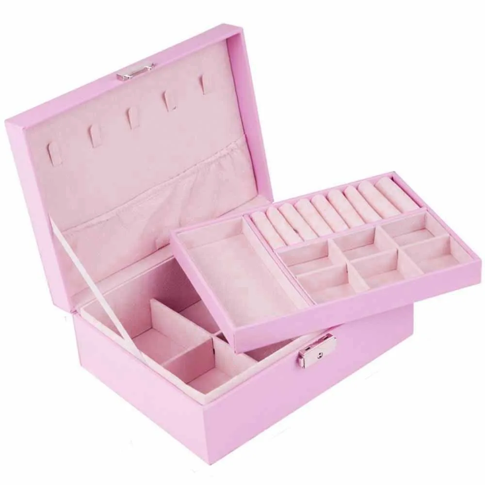 

2 Layer Double-layer Jewelry Box with Lock Elegant Necklace Earring Box PU Leather Large Capacity Jewelry Display Case