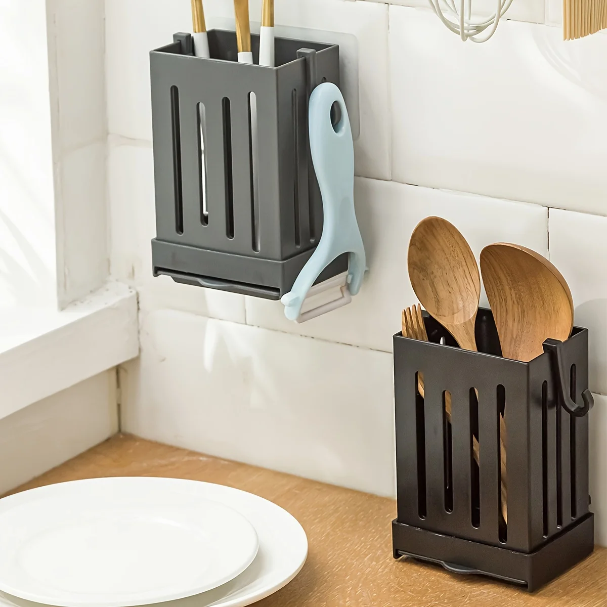 1/2/3PCS Kitchen Utensil Rack Multifunctional Draining Chopstick Holder Wall-Mounted Freestanding Cutlery Storage Plastic Holder