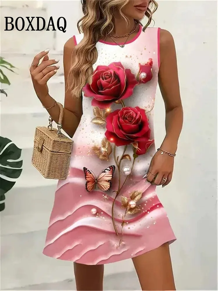 Blumen-Schmetterlingsdruck-Kleider für den Sommer 2022, Damen-Vintage-ärmelloses Minikleid, lässige Weste, lockeres Strand-Kurzkleid, Sommerkleid
