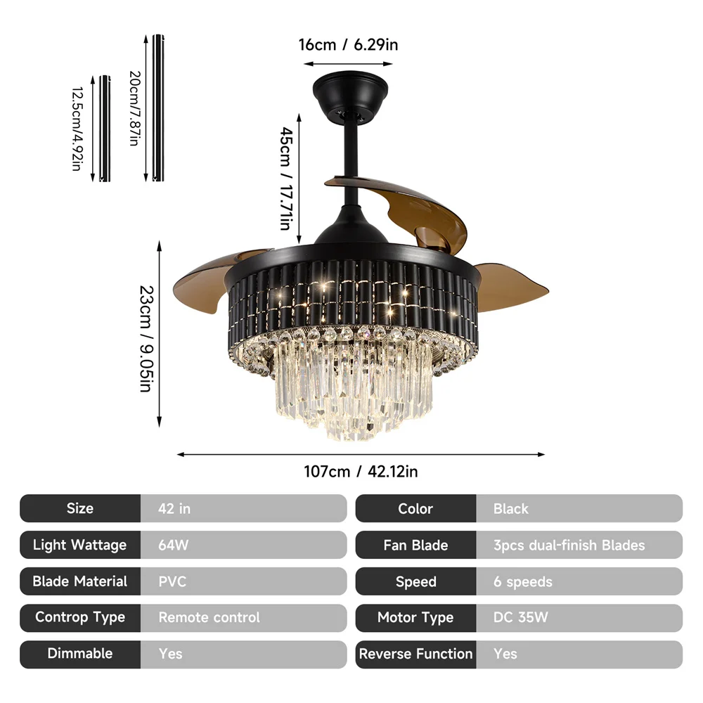 42 Inches Fandelier Ceiling Fan with Light Retractable Chandelier Fan Invisible Blades Dimmable Crystal Ceiling Fan for Bedroom