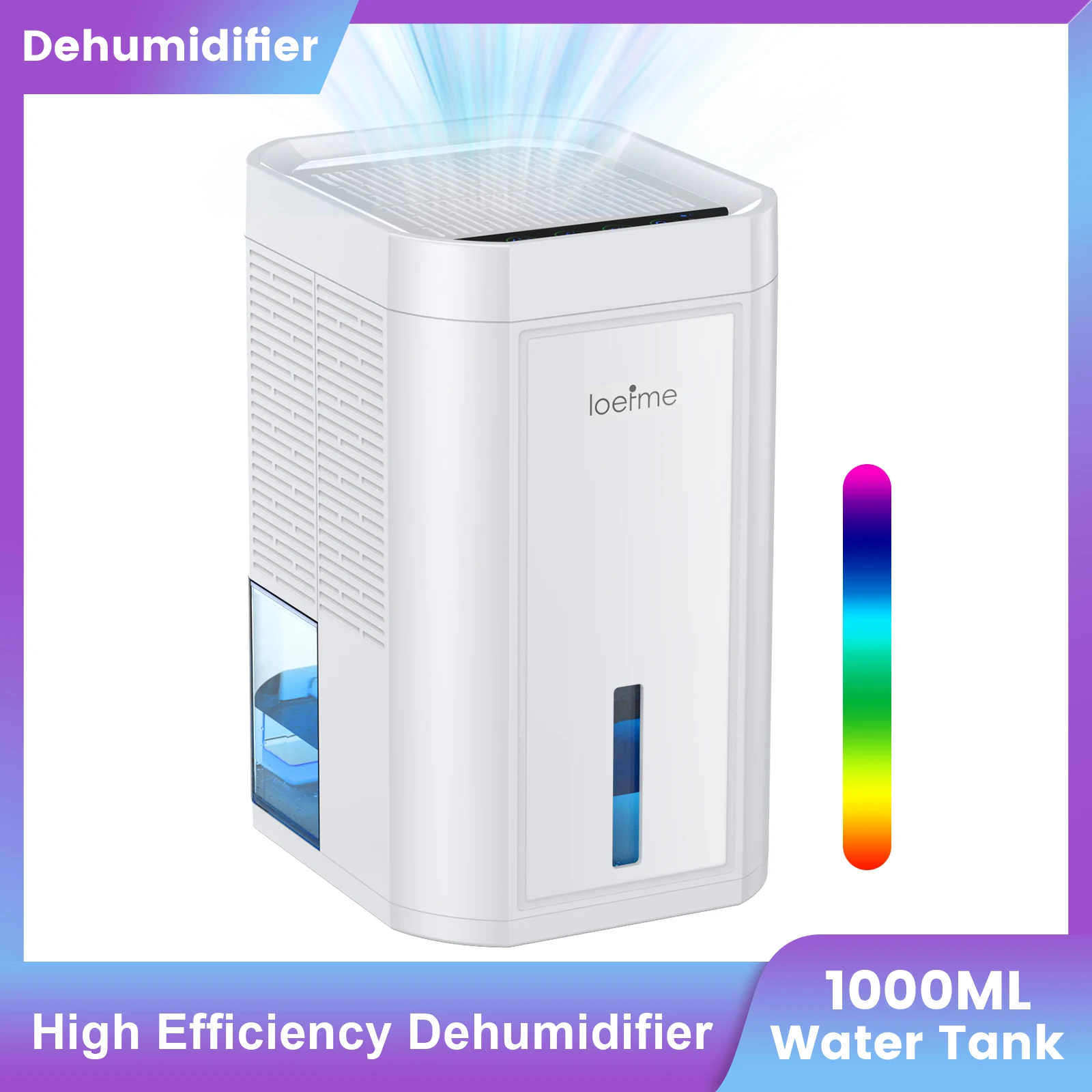 LOEFME Déshumidificateur électrique 1000ML avec minuterie, faible bruit, lumière 7 couleurs, mini déshumidificateur d'air, pour chambre à coucher, salle de bain, garde-robe