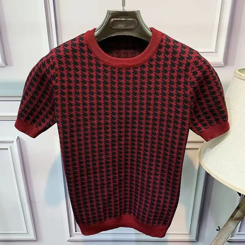 2024 New High Quality Plaid Knitted Sweater Men Short Sleeve O-neck Slim Fit Casual Tops Tees Streetwear Plus Size 4XL-M