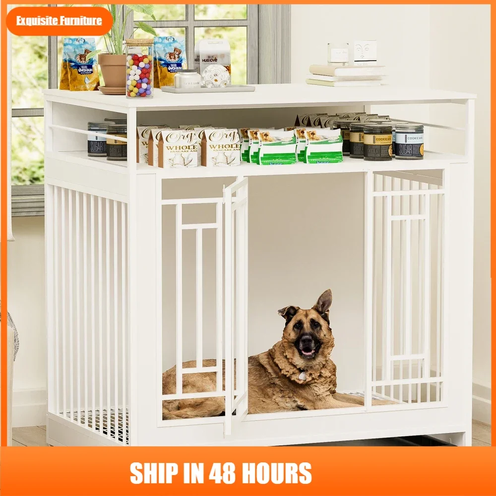

43.3 inch Dog Crate Furniture for Large Dogs,Wooden Dog Crate with Divider,Double Door Dog Kennel with Three Drawers Storages