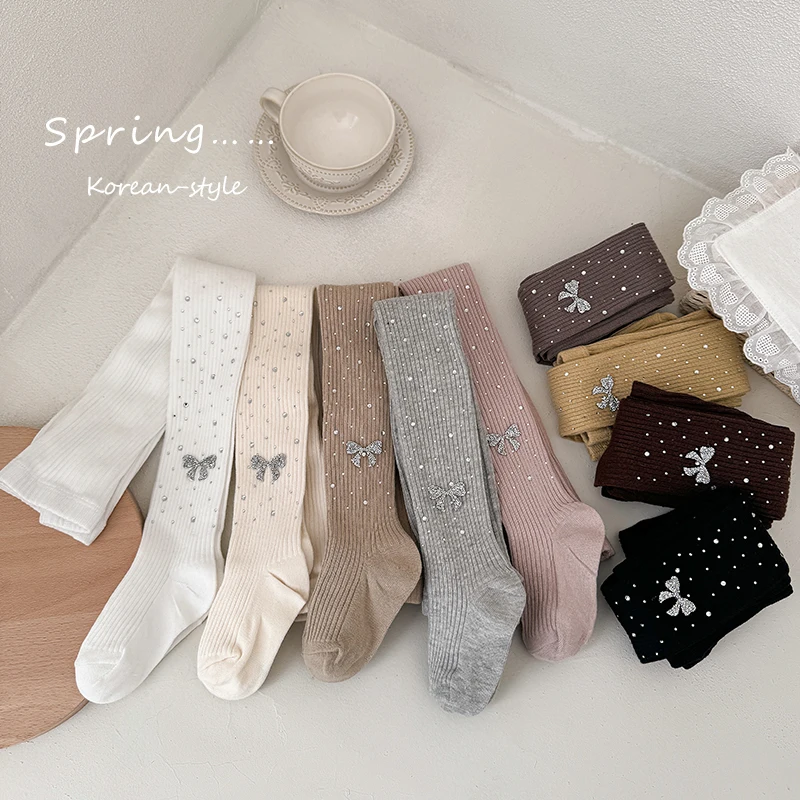 KID Girls Kawaii Rhinestone Bow Footed Tights Sweet Fashion Style Soft Stretchy Breathable Ideal for Daily Outfit Children Pants view 6