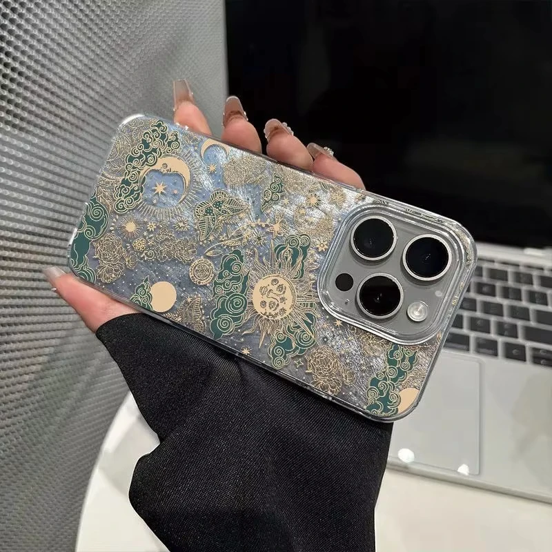 Fashion Retro The Sun Moon Starry Sky Phone Case For iPhone 16 15 14 13 12 11ProMax XR XS MAX 78PLUS INS Shake Proof Laser Cover - náhled 5