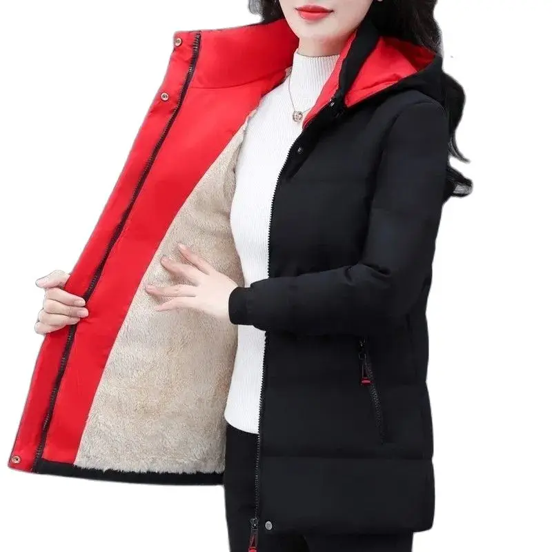 Destacável com capuz parka jaqueta à prova de vento jaqueta de inverno feminina de pelúcia e engrossado high-end casaco de algodão curto feminino retalhos