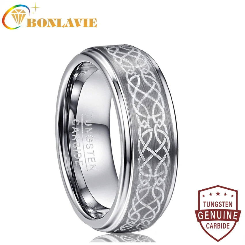 BONLAVIE Men\'s 8mm Plating Laser Knot Brushed Tungsten Carbide Wedding Band Rings Polished Step Comfort Fit Size 6-14