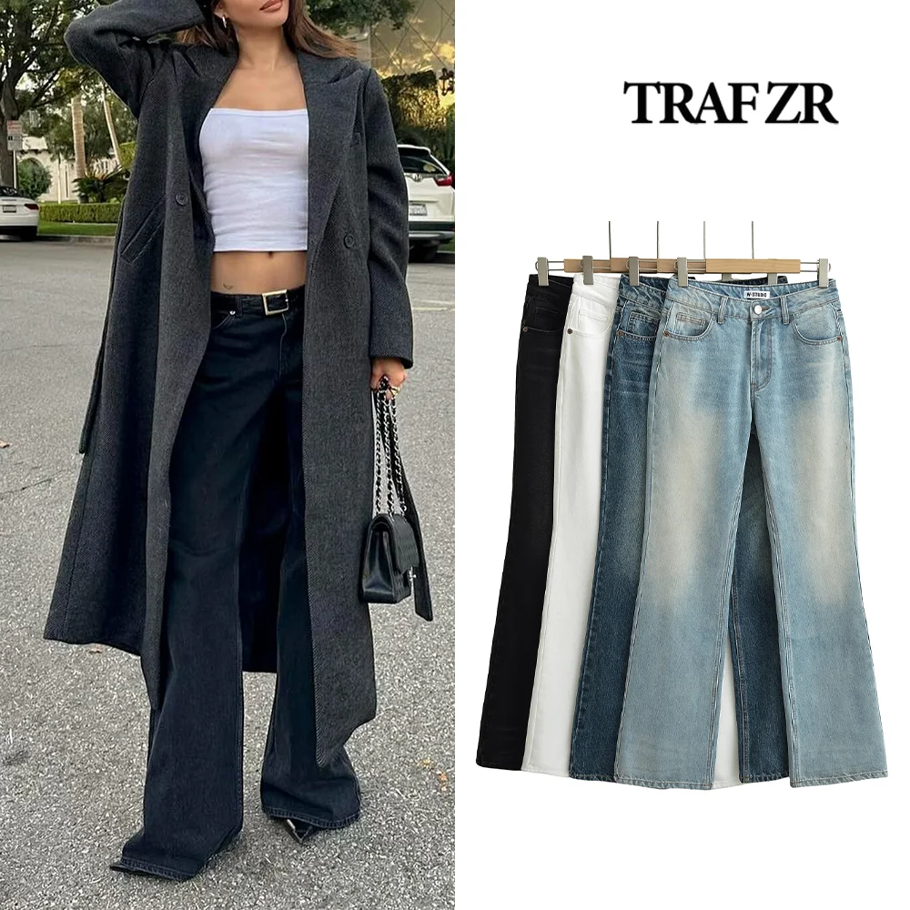 

TRAF ZR Mid Waist Losses Bootcut Jean Casual Full Length Wide Leg Denim Pants Classical Five Pockets Bleached Women Jeans