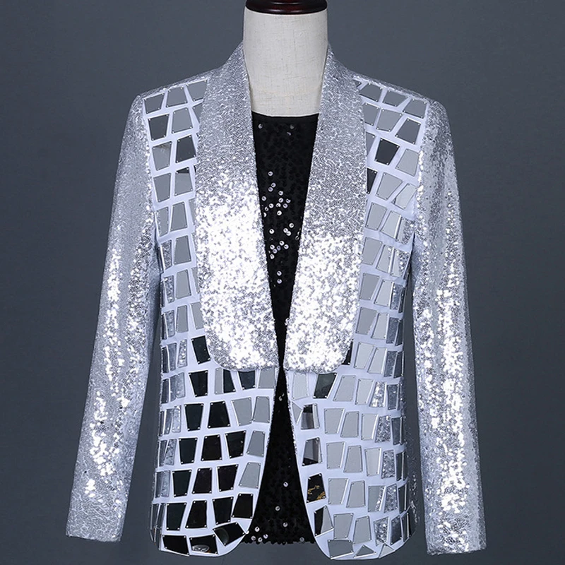 Shiny Plaid Sequins Party Dance Stage Costume Singer Silver Sequin Blazer Men Brand Shawl Collar Single Button Men Suit Jacket