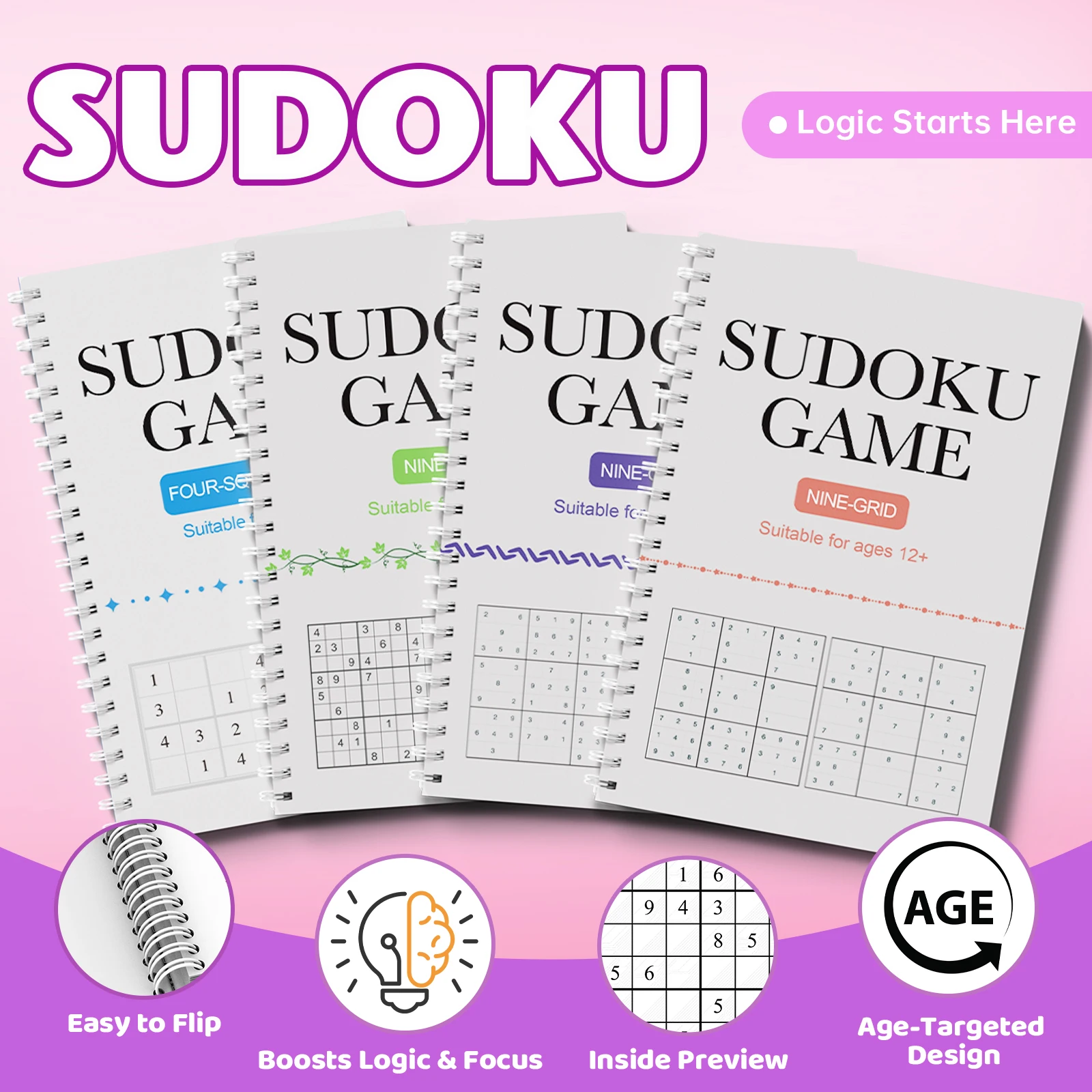 Sudoku for Kids Ages 3-6,6-9,9-12,12+ – Fun Logic Puzzle Workbook Set to Build Focus & Brain Skills