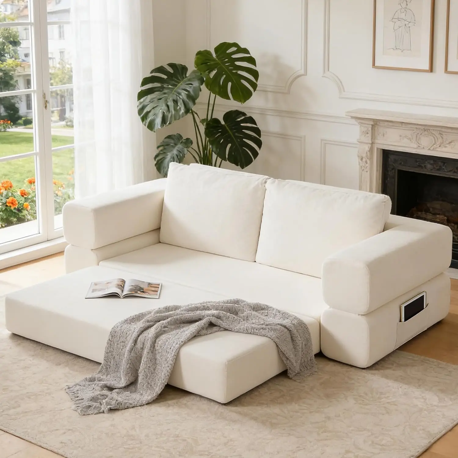 74 Inch Boneless Sofa, 3-in-1 Folding Convertible Bed with Reversible Chaise, Corduroy Loveseat with Throw Pillows for Living Ro