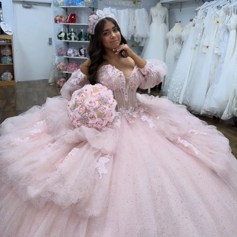 

Shiny Pink Quinceanera Dress off-shoulder Lace layering glitter crystal decal Long tail vestidos de 15 Quinceanera ﻿Customized