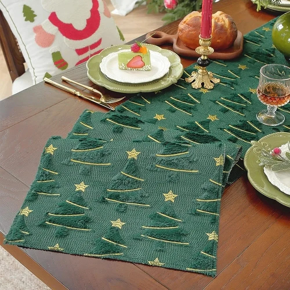 

Plush Embroidered Christmas Tree Table Runner Embossed Design Long Christmas Table Cover Rectangular Dining Tablecloth New Year