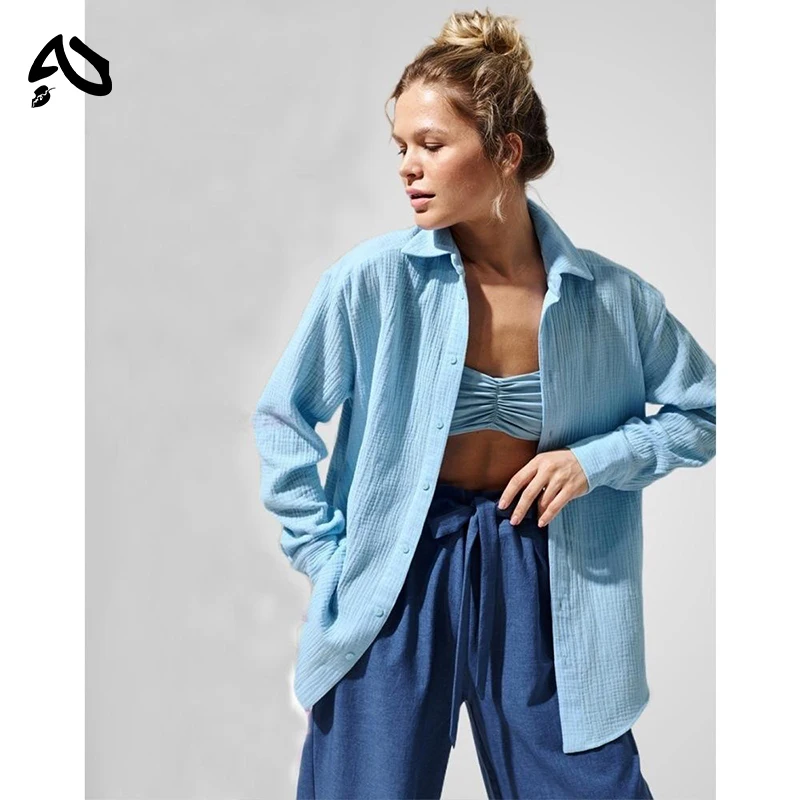 Original Muslin 100% Cotton Shirt Causal Soild Loose Womens Tops Button Long Sleeve Elegant Shirts And Blouses Festival Gifts