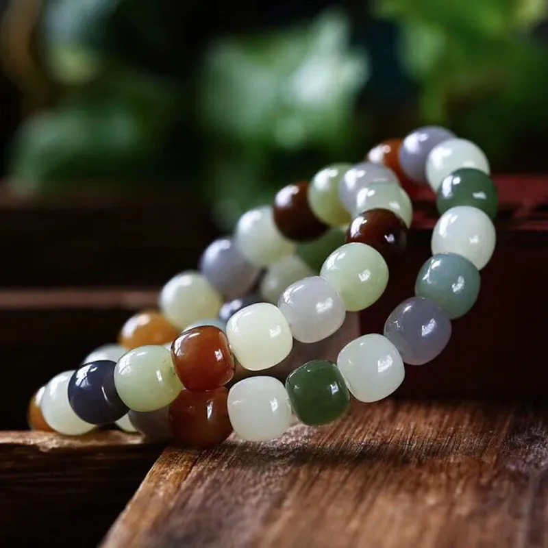 Hetian jade vintage beads 9x10mm single-strand fortune, prosperity, longevity -color multi-treasure bracelet, delicate and