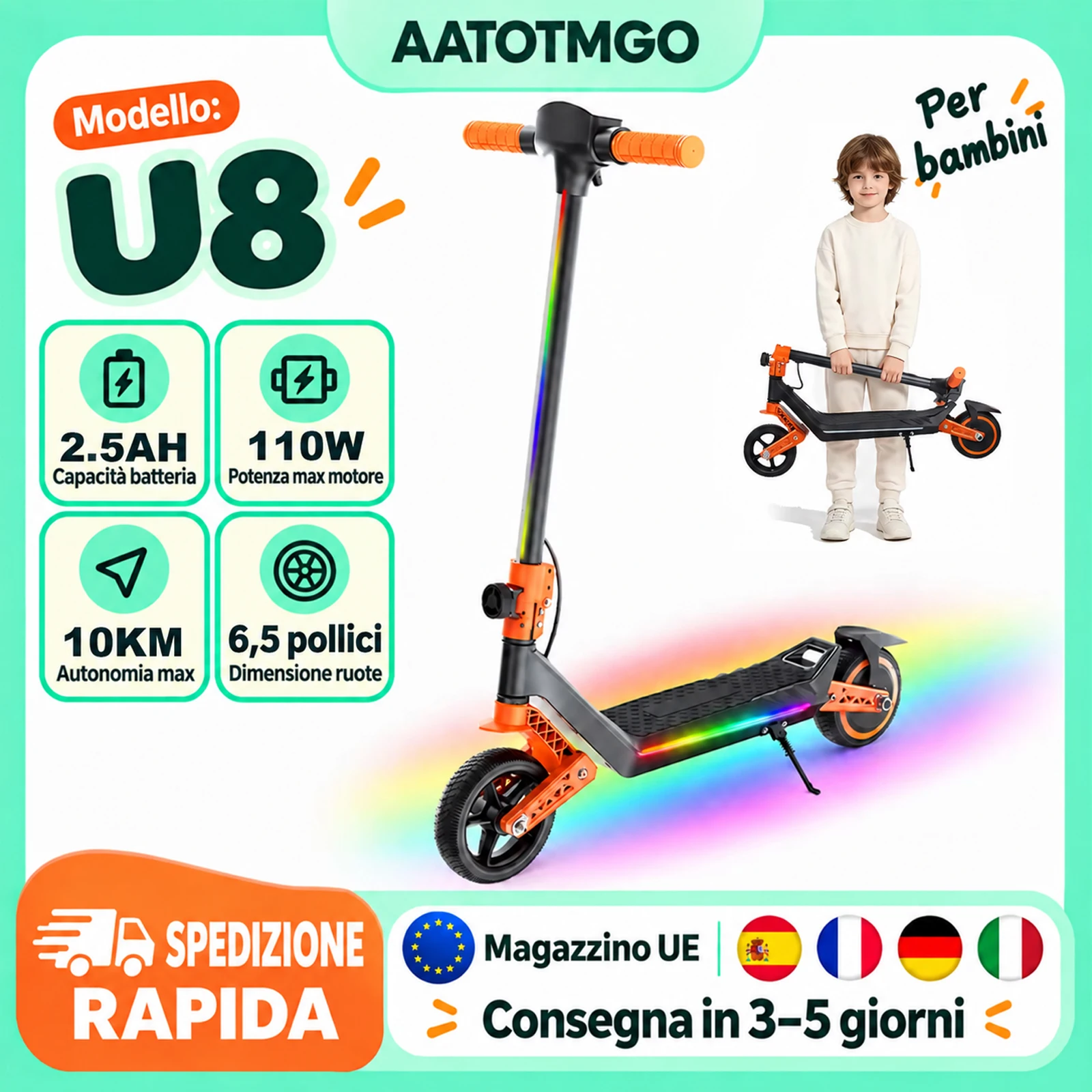 AATOTMGO Monopattino Elettrico per Bambini, Pieghevole, Motore da 110W, Velocità Massima 16 km/h, Batteria 24V 2,5Ah, Pneumatici da 6,5 Pollici, Autonomia 10 km, 3 Livelli di Velocità