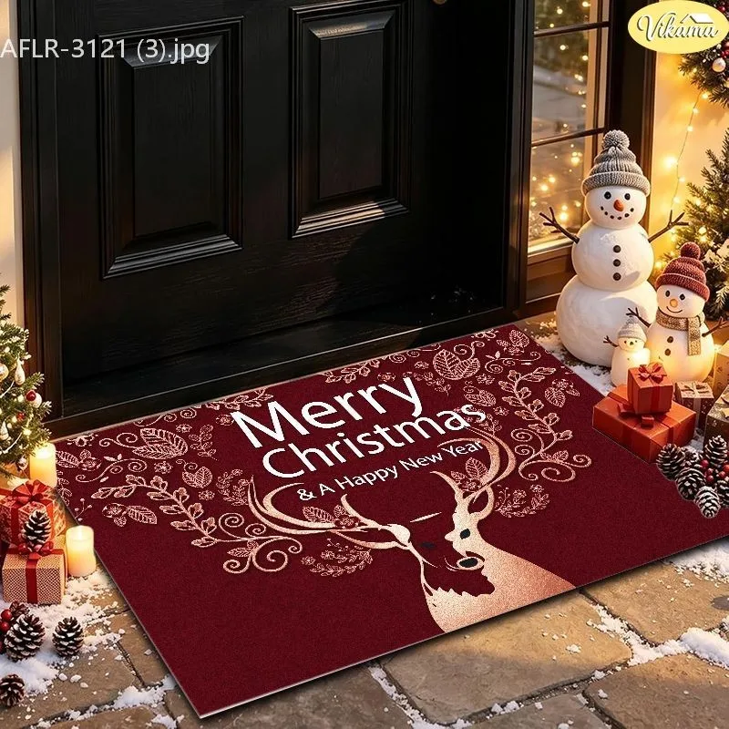 VIKAMA Christmas Doormat, Gold Deer Antlers, Merry Christmas & Happy New Year, Ornate Print, Soft Durable, Front Door