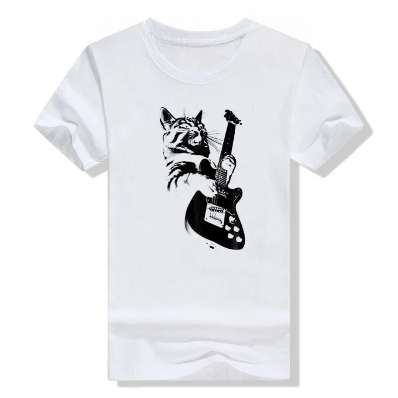 Playing Guitar Rock N Roll Cat Funny Shirt For Men Hip Hop Manga Humorous Kitty Lover Cute Punk Hipster Musical Kawaii Gifts Tee