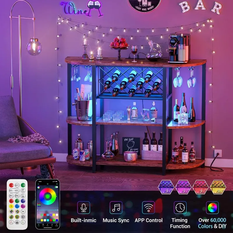 Tavolo portabottiglie con presa e luce a LED, mobiletto da bar da pavimento per liquori e bicchieri, mobiletto da bar in legno