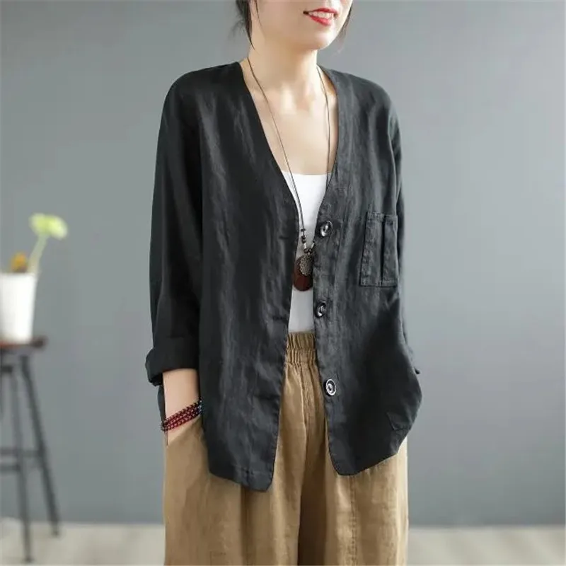 2024 Cotton And Linen Jacket For Women Solid Thin Sun Protection Jacket Chinese Style Literary V-Neck Long Sleeved Cardigan Top