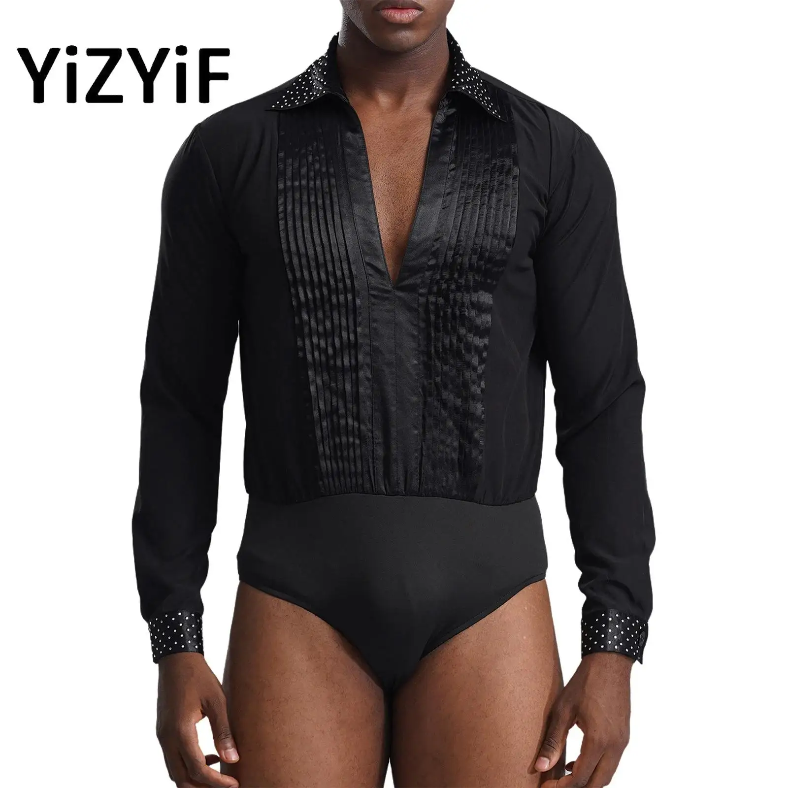 Mens Latin Competition Dance Leotard Glittery Rhinestones Ballroom Dance Costume V-neck Long Sleeve Pleated Bodysuit Dancewear